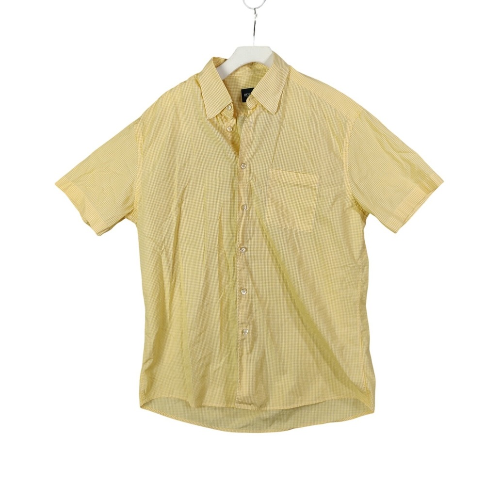 Hugo Boss Mens Preppy Golf Old Money Gingham Button Up Shirt L Top Yellow Italy